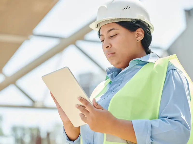 Engenheira com capacete e colete registrando uma vistoria técnica em tablet.