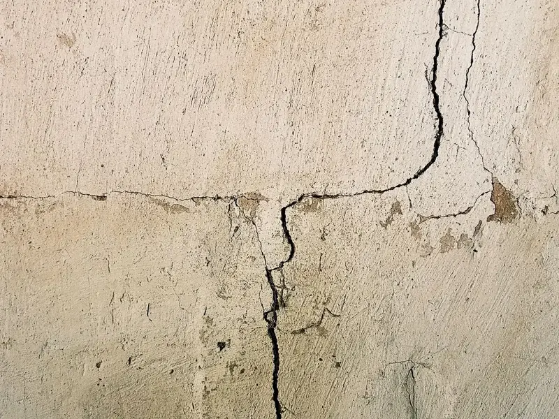 Trinca vertical em parede rebocada, típica de patologia da construção civil.